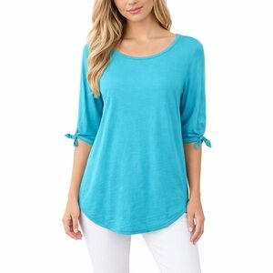 Hot Cotton by Marc Ware Blue Pullover Shirred Sides Tie Sleeves Beachy Size L